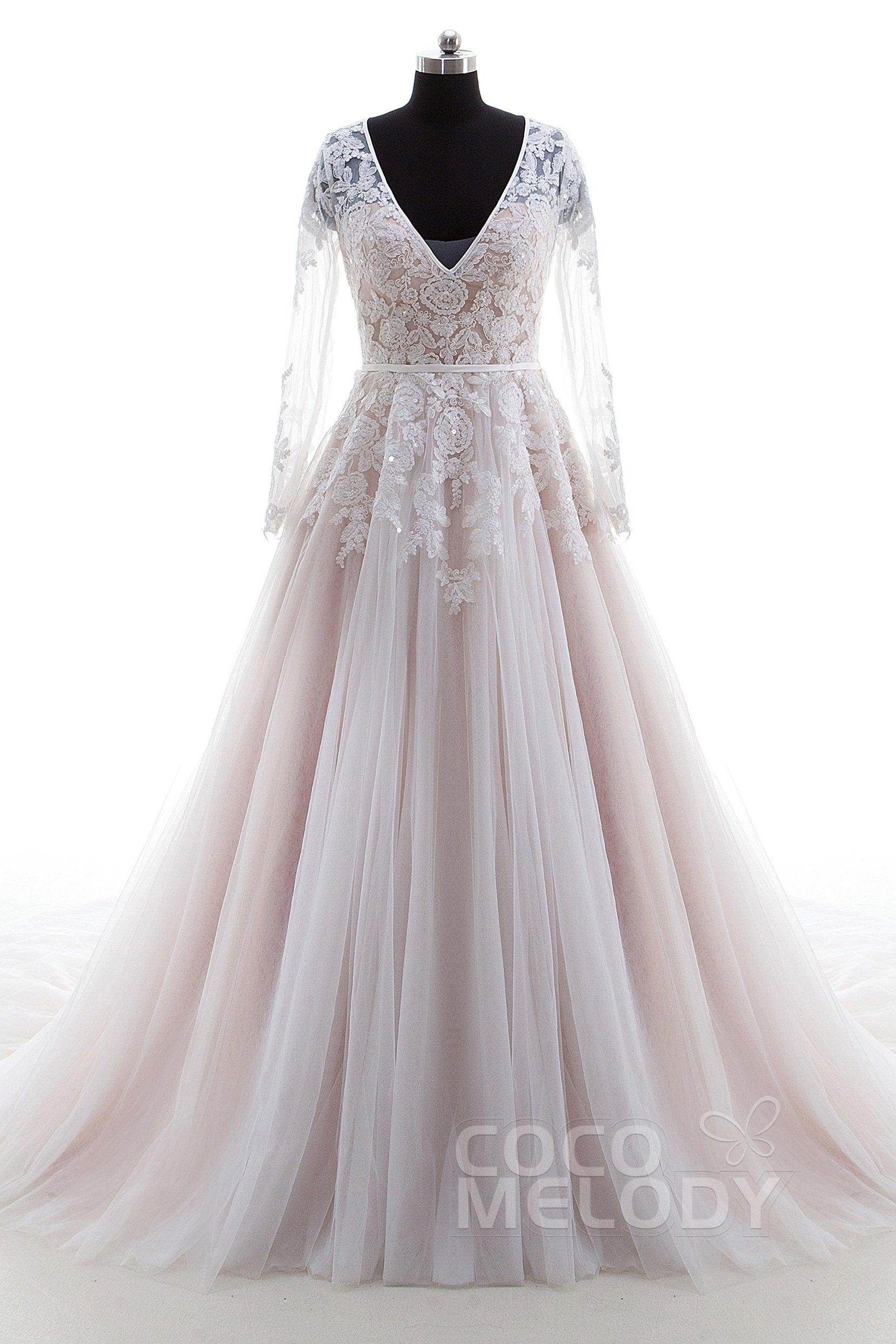 A-Line Court Train Lace and Tulle Wedding Dress LD4432 - COCOMELODY